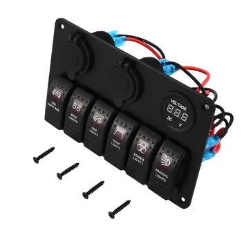 

6 Gang Waterproof RV Car Marine Boat Circuit Breaker LED Rocker Switch Panel Dual USB Charger Cigarette Socket