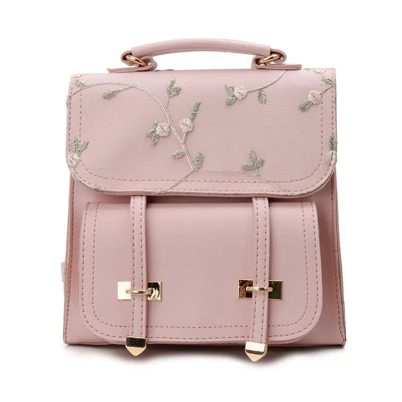 School Backpack Teenage Girls High Quality Leather Women Shoulder Bag Backpack Floral Embroidery Design Rucksack - Color: pink