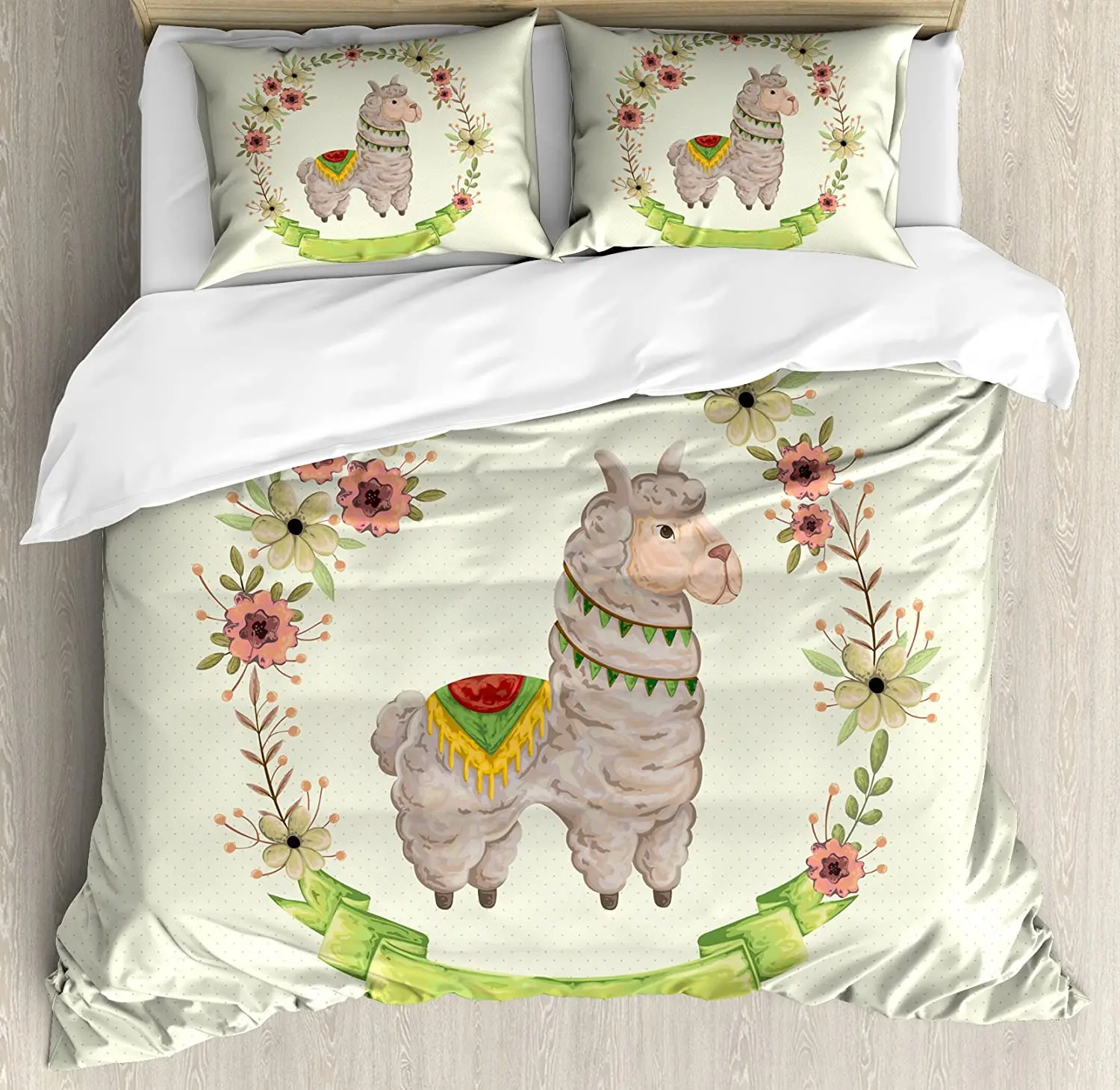 Llama Duvet Cover Set Colorful Watercolor Floral Wreath and South