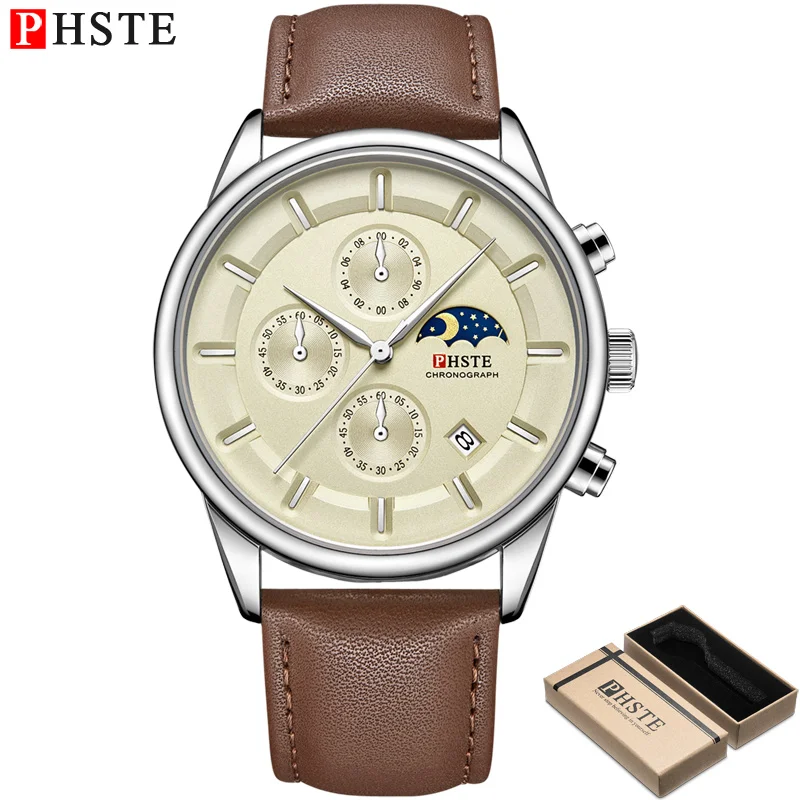 PHSTE Mens Watches Quartz Chronograph Moon Phase Date Waterproof Brown Calfskin Leather Brand Luxury Wrist Watch Male Beige Dial - Цвет: Коричневый