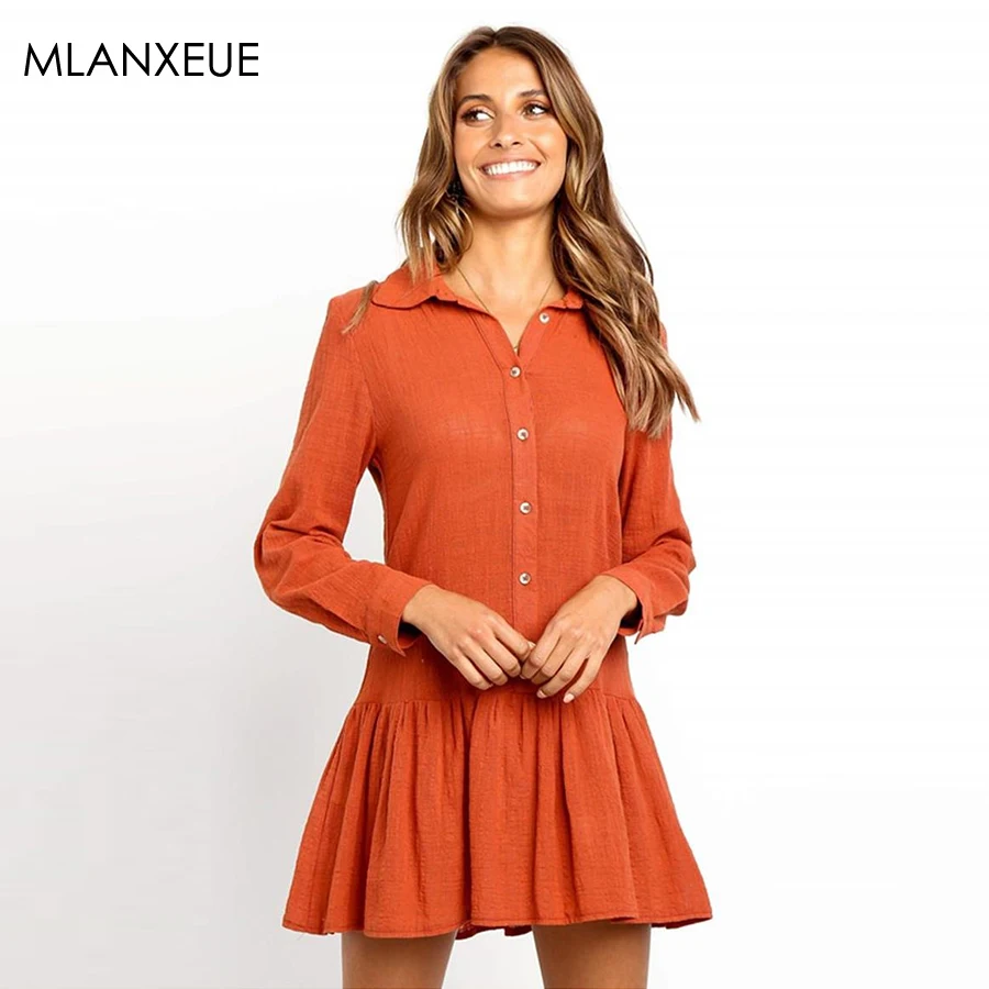 

Solid Mini Dresses Women Casual Loose Button Turndown Ruffle Dress Female Fashion Autumn Dress For Ladies Elegant Party Dress
