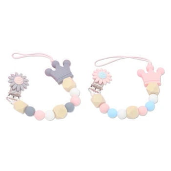 

2x Silicone Wood Beads Baby Pacifier Clip Chain Cute Flower Crown Pacifier Clips Soother Chew Toys Anti-Drop Chains Baby Teethin
