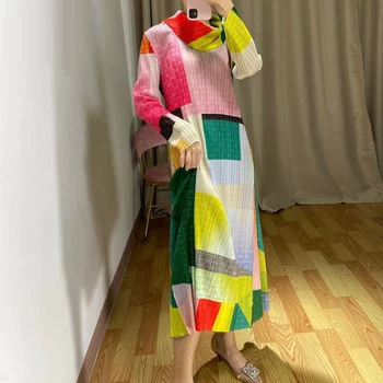 

Autumn Miyake Fold High Collar Print Large Size Slim Long Dress