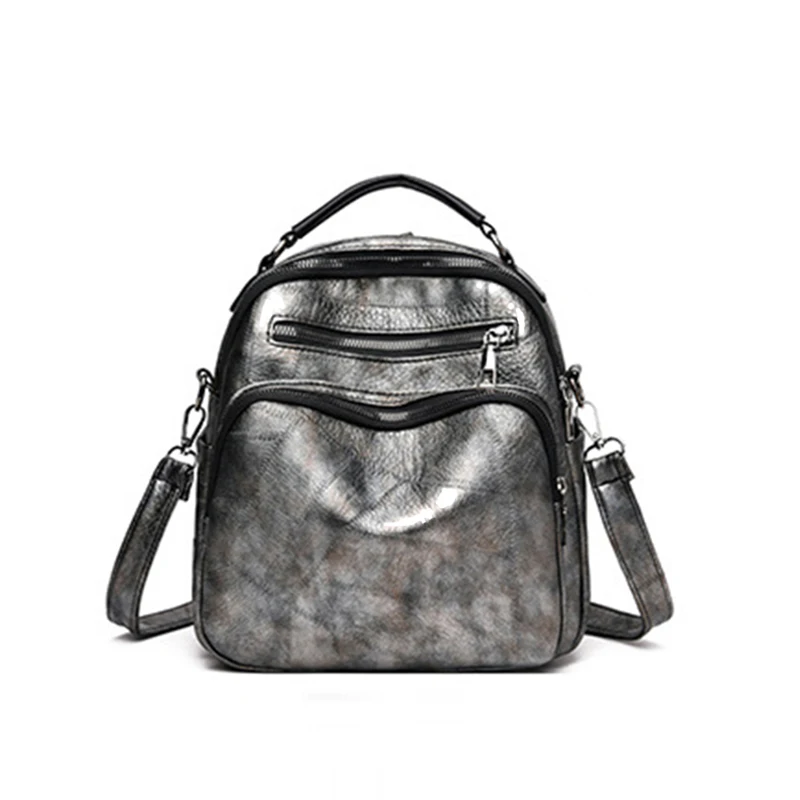 

Fashion Vintage Silver Female Backpack 100% Water-proof PVC Big Capacity Soft Leather Straps Prevention of Burglary Hot Selling