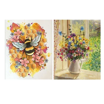 

2 Set Diamond Painting Kit Home Decor - Bee Collecting Honey Pattern & Wildflower Vase Pattern