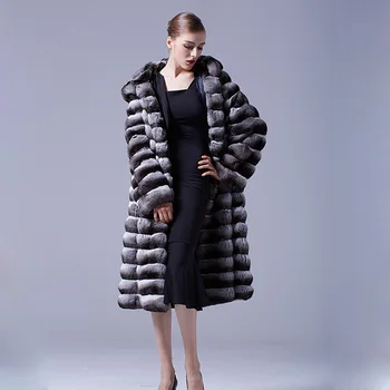 Billige FURSARCAR 2020 Neue Natürliche Rex Kaninchen Echt Winter Frauen Jacke Mit Kapuze Mode Luxus 110cm Lange Chinchilla Pelzmantel