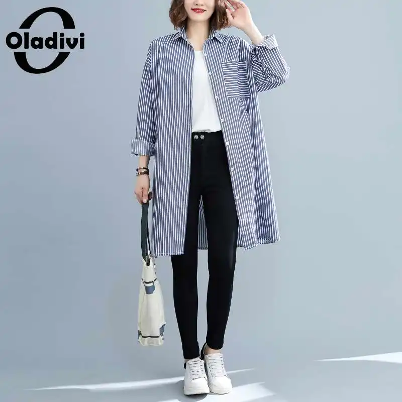 

Oladivi Plus Size Woman Fashion Striped Shirts Spring Autumn New Casual Loose Ladies Blouses Big Tops Female Blusas 6XL 5XL 4XL