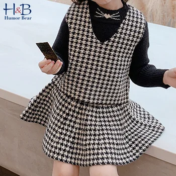 

Humor Bear Girls Clothing Suit Autumn Winter 2020 Plaid Cartoon Bottoming Shirt + Vest+ Skirt Sets Baby Kids Children Clothes