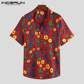 

INCERUN Fashion Printed Shirts Men Short Sleeve Cotton 2020 Beach Vacation Casual Blouse Stand Collar Summer Hawaiian Shirt Men