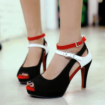 

Nightclub sexy peep toe summer sandals fashion platform buckle zipper black white red high heels stiletto women's shoes big size