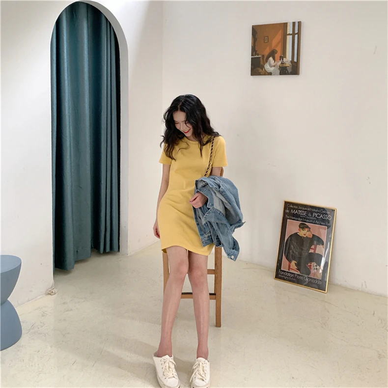 red dress Summer Short Sleeve Dress Solid O-neck Loose Womens Leisure Daily Streetwear Simple All-match Korean Style Chic Trendy BF New party dresses