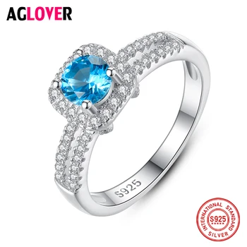 

AGLOVER Square Ring 925 Sterling Silver Blue AAA Zircon Ring For Women Charm Wedding Jewelry Girl Party Birthday Gift