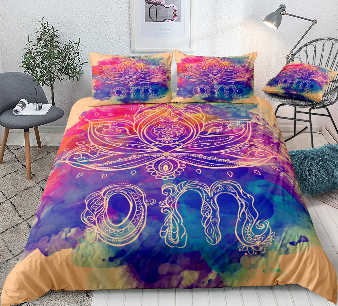 Boho Цветок лотоса пододеяльник набор акварельные геометрические постельные принадлежности Дети Мальчики Девочки Красочные одеяло в стиле бохо покрывало королева синий Прямая поставка