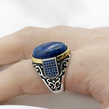 

Vintage Natural Lapis Lazuli Stone Men Ring Sterling Silver 925 Pave Setting Blue CZ Male Rings Antique Silver Turkey Jewelry