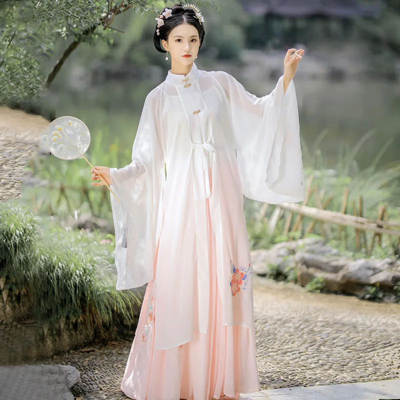 

Женское платье в китайском стиле Hanfu, 3 предмета, Сказочная одежда для выступлений, летний костюм для косплея династии Мин с воротником-стойкой