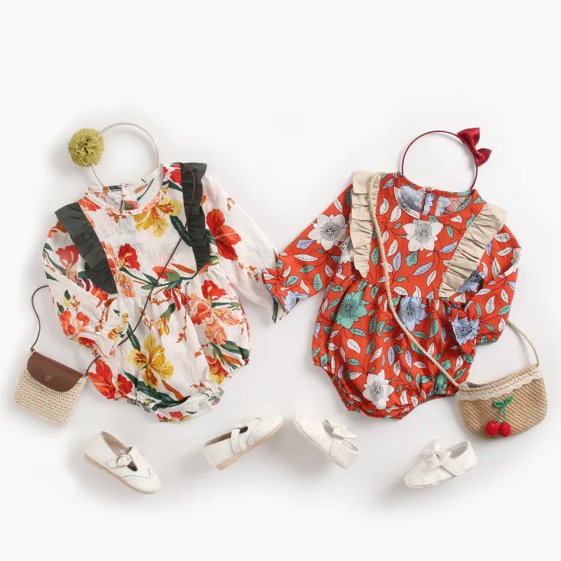 Комбинезон с длинными рукавами и цветочным принтом для новорожденных и маленьких девочек; Детский комбинезон; одежда для малышей; Осенняя хлопковая одежда для девочек