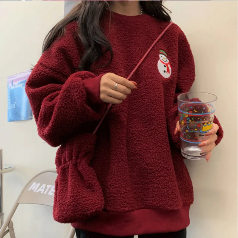thumbnail image 1 of Sudadera con capucha de gran tamaño informal para otoño e invierno, con bordado de muñeco de nieve y árbol de Navidad para mujer, sudadera polar, bolso a juego, 1 of 4