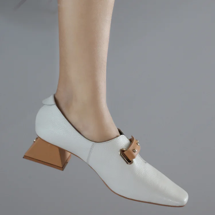 

Soft Leather Chunky-Heel Shoes WOMEN'S Shoes Retro Grandma Shoes Square Head Versatile Work Genuine Leather Belt Buckle Casual C