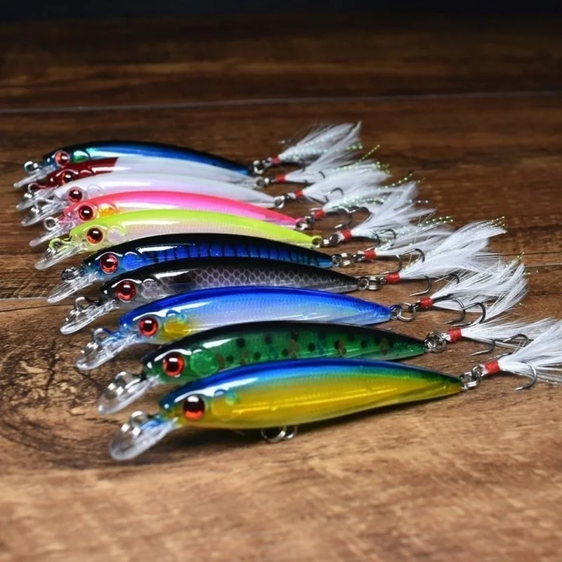 1Pcs Laser 3D Eyes Bionic Minnow Fishing Lure 90mm 7g Artificial Hard Bait with Feather Treble Hook | Спорт и развлечения
