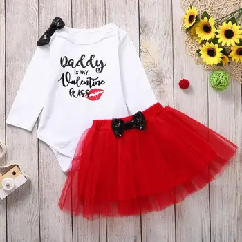 

Baby Girl Clothes Valentine's Toddler Letter Printed Romper long sleeve Tops+Bow Skirt Outfit Infant Set Newborn Clothes bebes