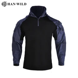 HAN WILD Tactical Hooded Camo Shirt with Pads Military Uniform Army Fans Shooting Training Combat Tops Men Outdoor Sports Hiking