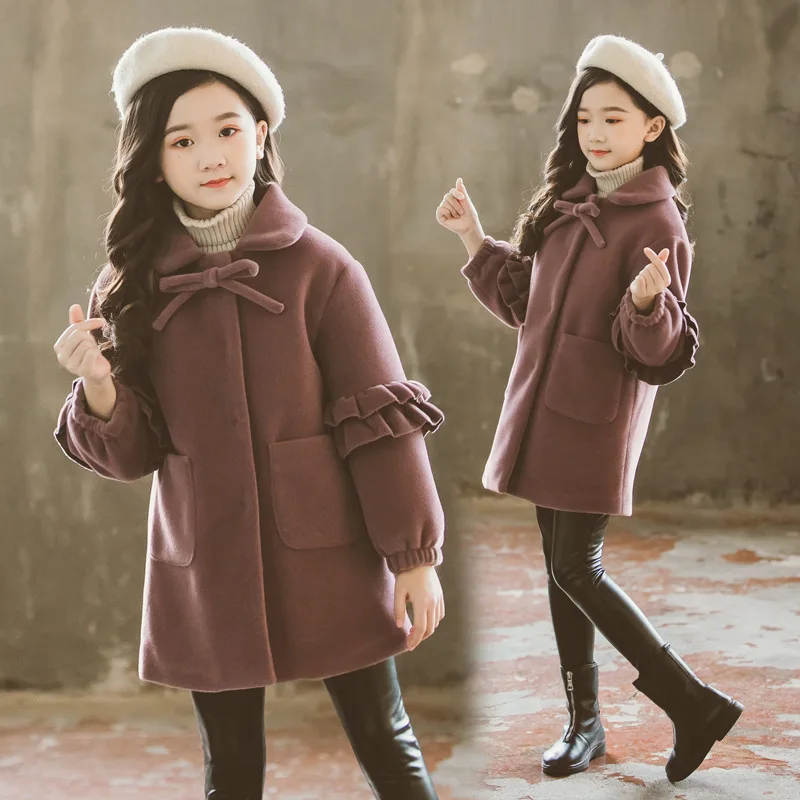 

2019 Winter New Style Thick Quilted Girls Big Boy Bow Lace Sleeve Solid Color Duffle Coat