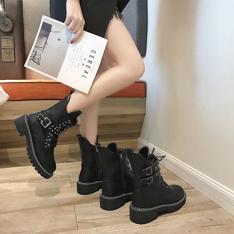Черные Ботинки martin с перекрестной шнуровкой bottes femme женские мотоциклетные ботинки на толстом каблуке до середины икры, 2 стиля, металлические сапоги