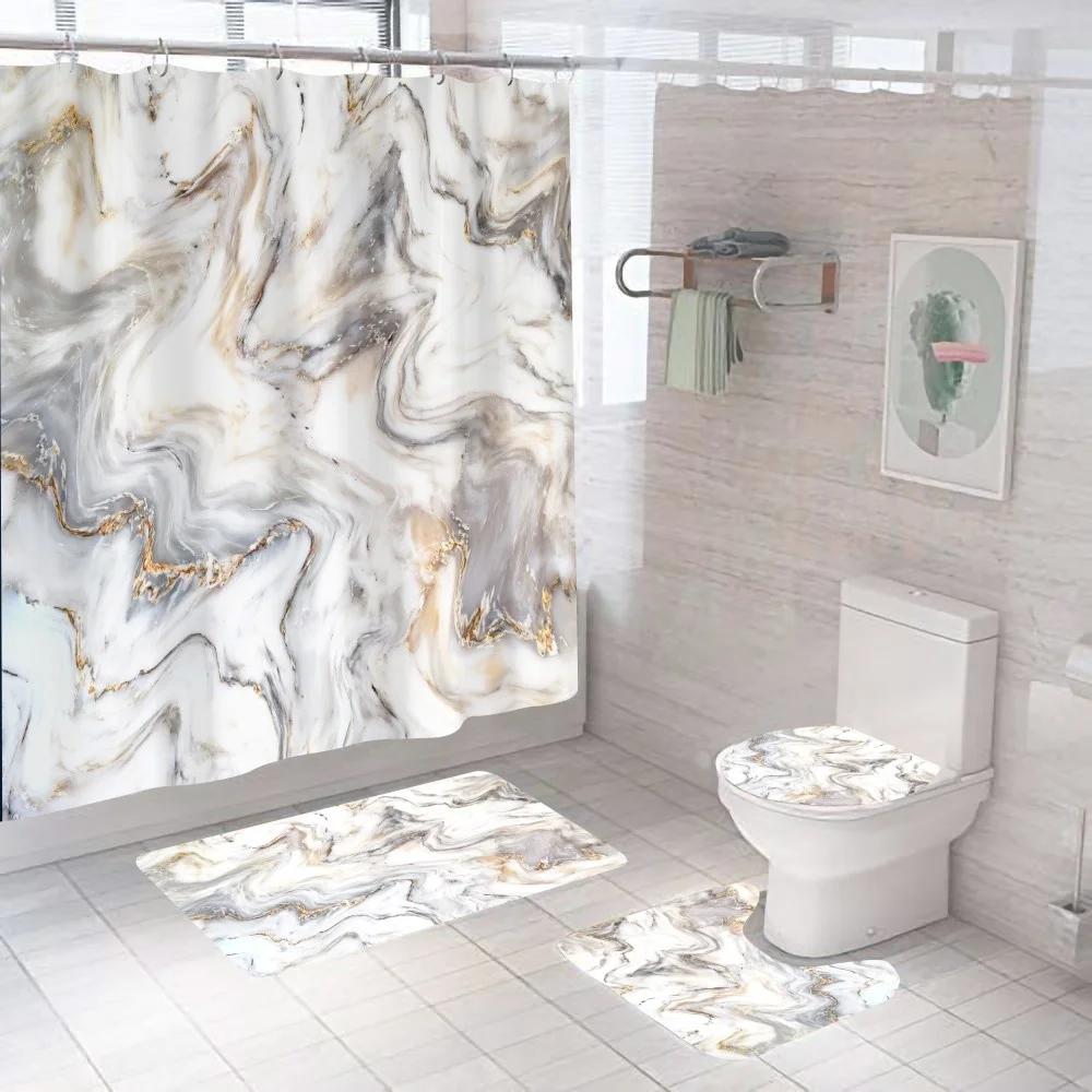 White Marble Shower Curtain Luxury Golden Modern With Non Slip Rug For Bathroom Curtain Waterproof Polyester Home Decor 180×180 White Marble Shower Curtain Luxury Golden Modern With Non Slip Rug For Bathroom Curtain Waterproof Polyester Home Decor 180×180