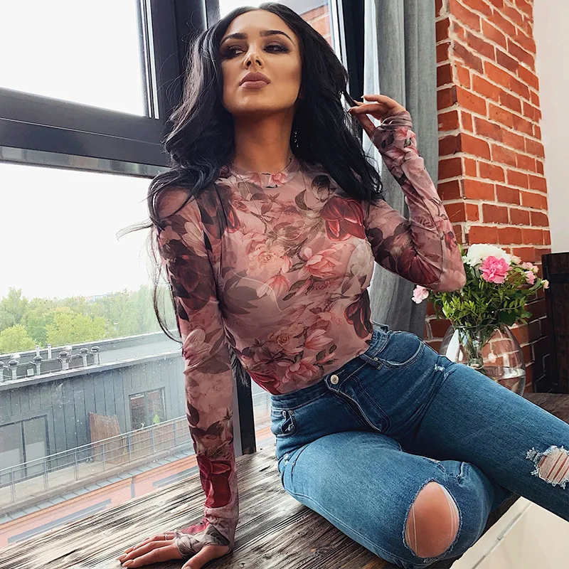 Sexy Women Long Sleeve Bandage Bodysuit Floral Tops Blouse Jumpsuit Rompers Autumn Clothes