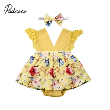 

2019 Brand Newborn Toddler Infant Baby Girls Bodysuit Dresses +Headband Skirt V-Neck Jumpsuit Clothes Outfits 2PCS Set Yellow