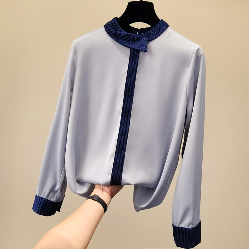 

Stand collar elegant patchwork Shirt Women White Chiffon Blouse long Sleeve Modis all match blue tops 2019 autumn new arrival