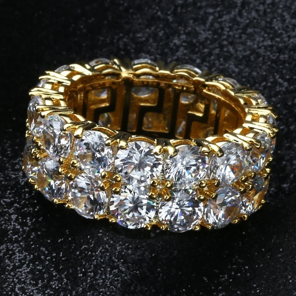 CZ Solitaire кольцо для мужчин/женщин золото/серебро Цвет Iced Out Шарм круглое кольцо Группа 2 ряда классические хип-хоп ювелирные изделия для подарков
