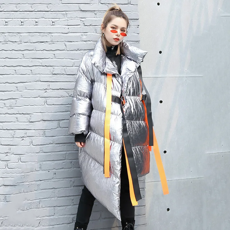 Size Plus Harajuku Winter Long Sleeve Ribbon Patchwork Cotton Padded Coat Female Irregular Hem Long Coat Women Parkas JJ77