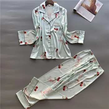

Women Clothes for Spring Pajamas Sets Sleepwear Pijamas Mujer Long Sleeve Satin Silk Sexy Print Pyjamas Female