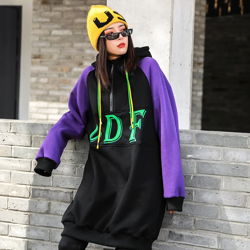 

Large Size Hoodie Women's Mid-length Hooded Long-sleeve Pullover Thick 2019 Autumn And Winter Europe And America Fashion Loose S