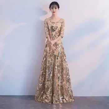 

Fashion Slim Gold O-neck Evening Dress Sequin Appliques Half Sleeve Robe De Soiree Long Party Prom Gown Women Host Dress