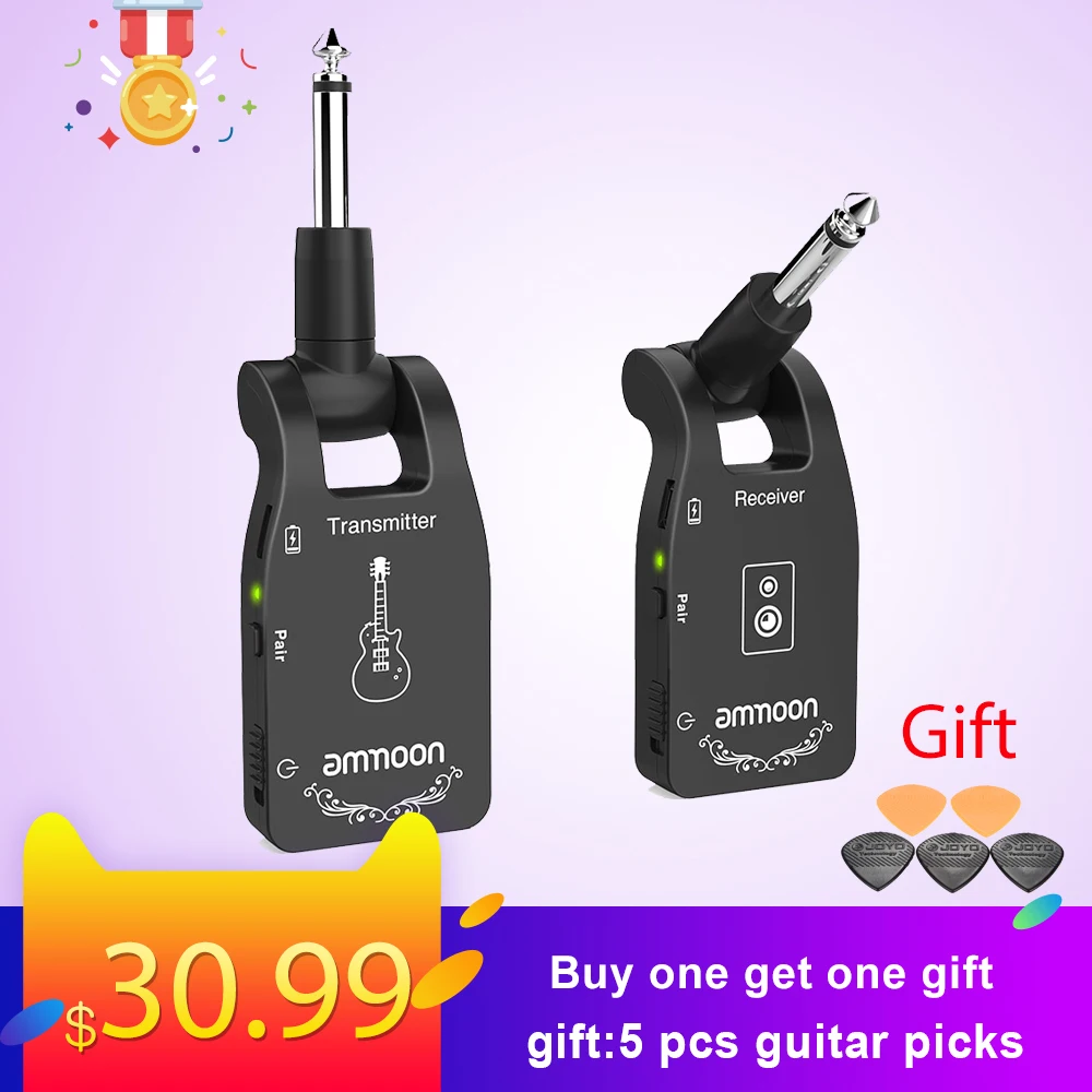 Online Ammoon 2,4G guitarra inalámbrica recargable 6 canales transmisor receptor de Audio para guitarra eléctrica guitarra bajo Accesorios