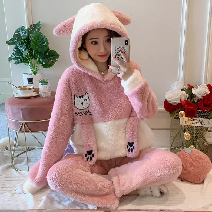 

Kee Shing 8070 # Korean-style Sweet Cute GIRL'S Pajamas Women's Autumn And Winter Thick Flannel Hooded Loose-Fit Home Wear