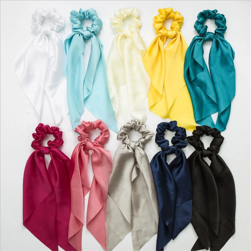 New style knotted ribbon satin large intestine ring jewelry silky square scarf hair ring ladies ponytail hair accessories square powder blue gradient necklace earrings ring box jewelry organizer storage gift case paper jewellry packaging container