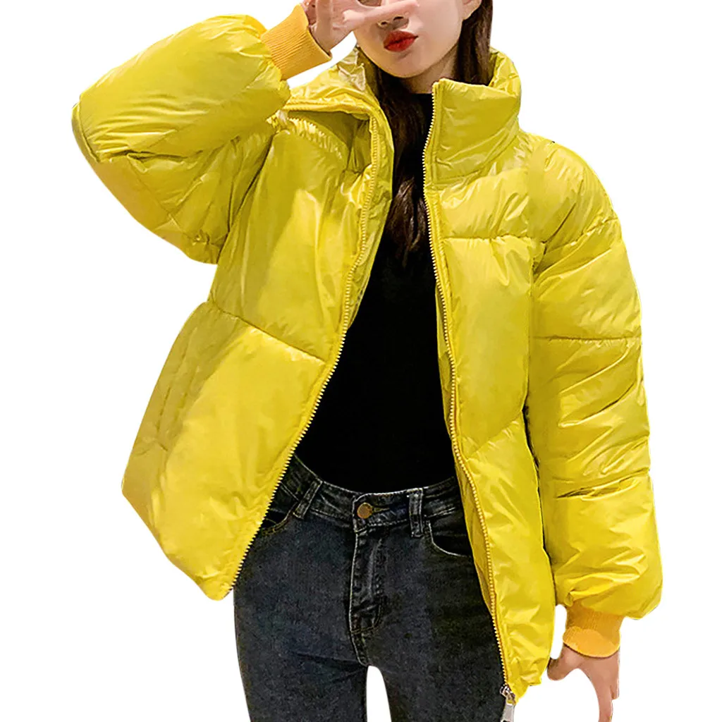 Корейский стиль, зимняя женская куртка со стоячим воротником, однотонная, желтая, розовая, женский пуховик, свободный, негабаритный, для женщин, короткая, теплая, парка
