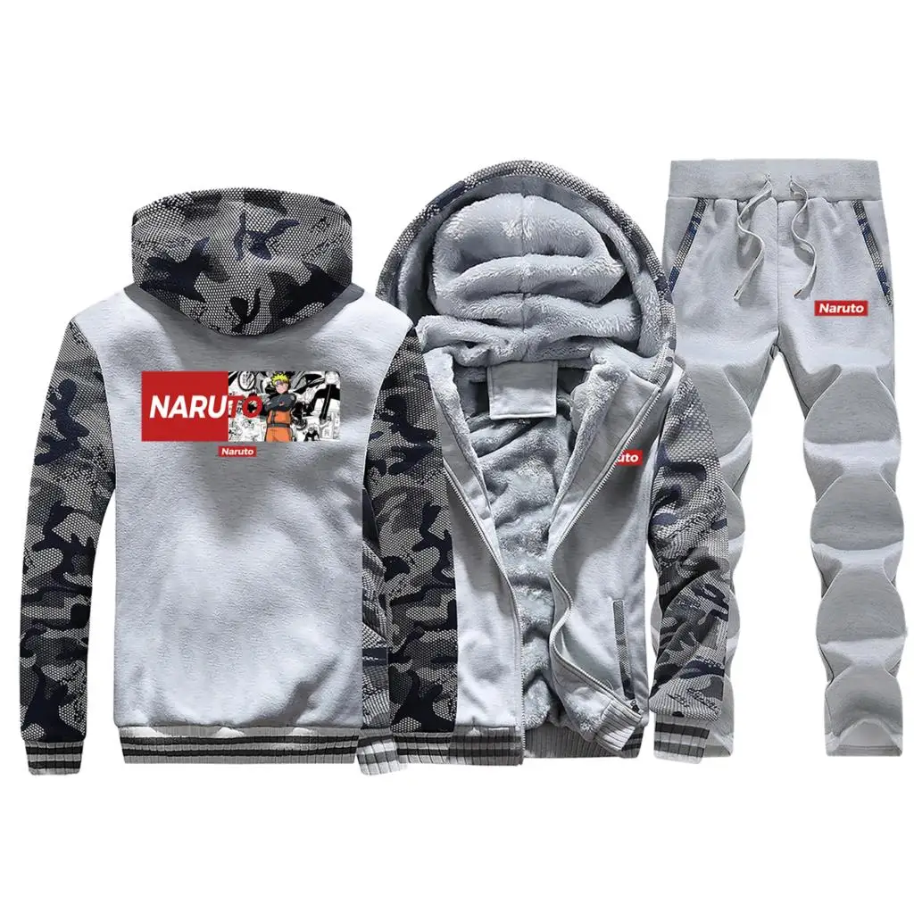 Light Gray Новинка зимы, толстовки, мужские куртки, камуфляжное пальто, плотный костюм, Наруто, толстовки с японским аниме-принтом, флисовые теплые+ комплект из 2 предметов, штаны - Цвет: Light Gray