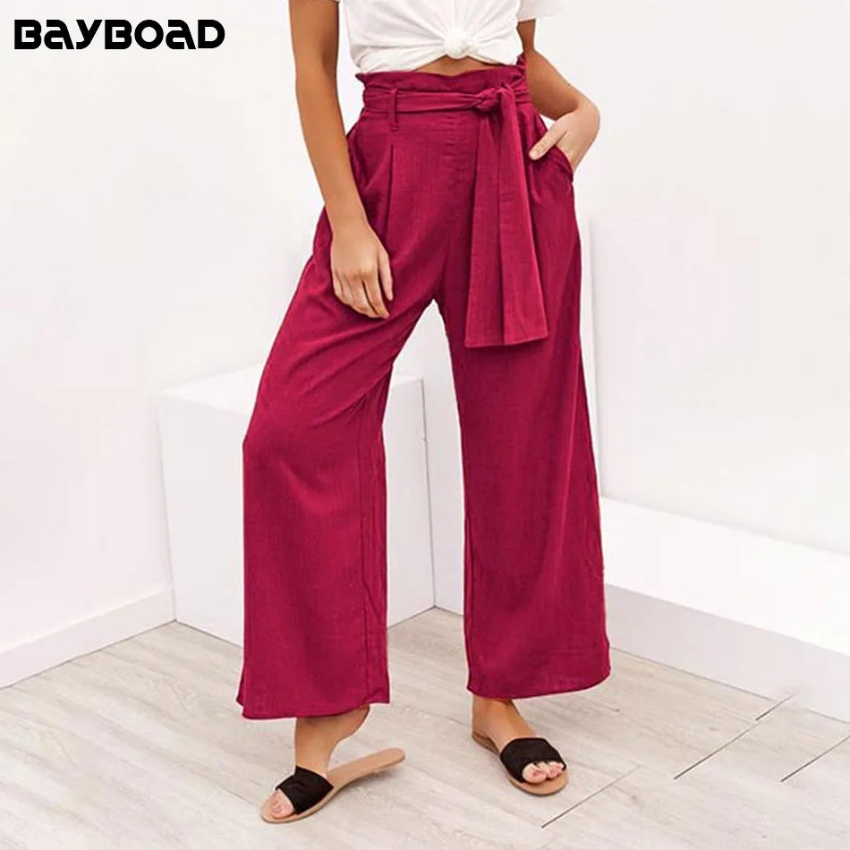 

Bayboad New Arrival 2019 Spring Summer Solid Color Trendyol High Waist Cotton Linen Casual Women's Wide Leg Pants Trousers
