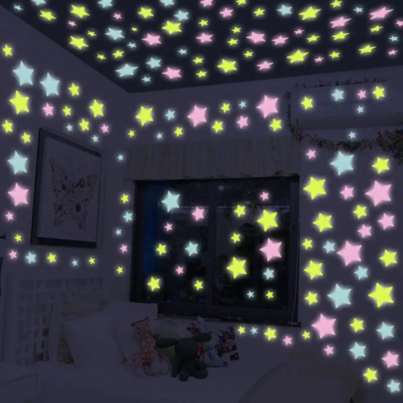 50PCS 3D Star and Moon Energy Storage Fluorescent Glow In the dark Luminous on Wall Stickers for Kids Room living room | Дом и сад