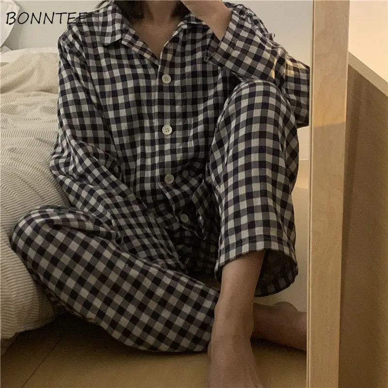 

Пижамный комплект Женский клетчатый с длинным рукавом и отложным воротником