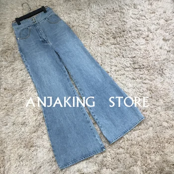 

Pocket mid-rise jeans Women's new fashion streetwear straight jeans blue cotton trousers Wide leg flared pants