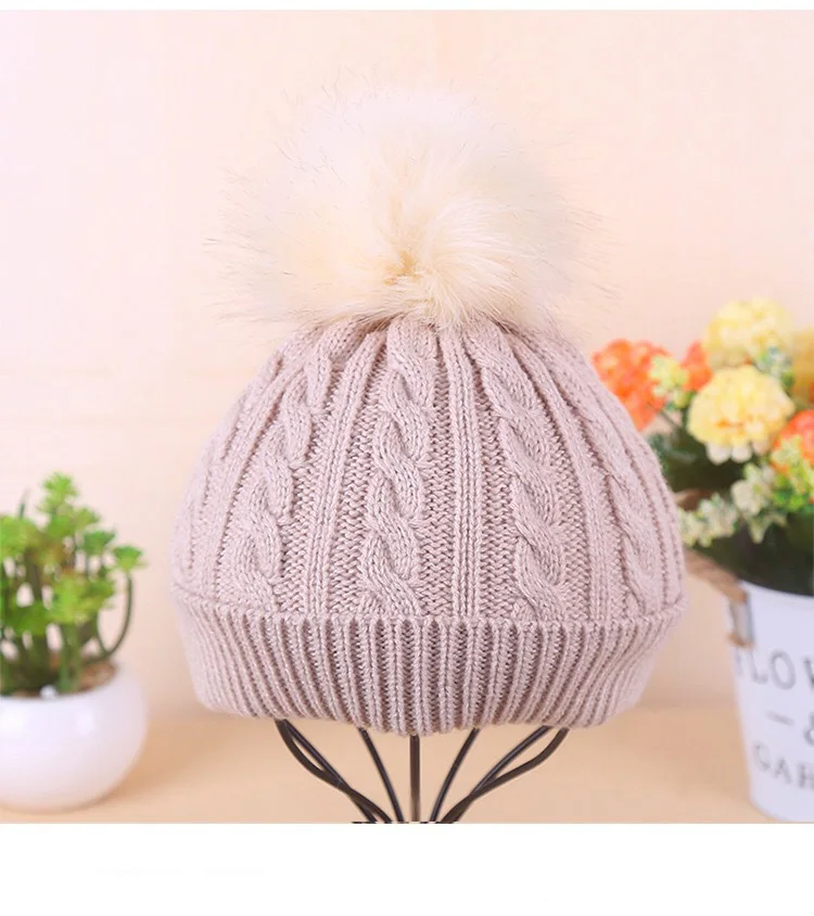 Beige Теплые наушники на осень и зиму для детей 2-8 лет, вязаная шапка, модная меховая шапка с помпоном, лыжные шапочки, шапка Z136 - Цвет: Beige
