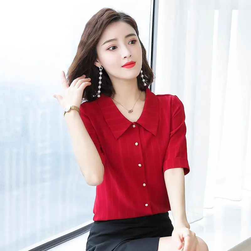 Women Spring Autumn Style Chiffon Blouses Shirt Casual Half Sleeve Turn-down Collar Striped Women's Loose Tops DF3555 |