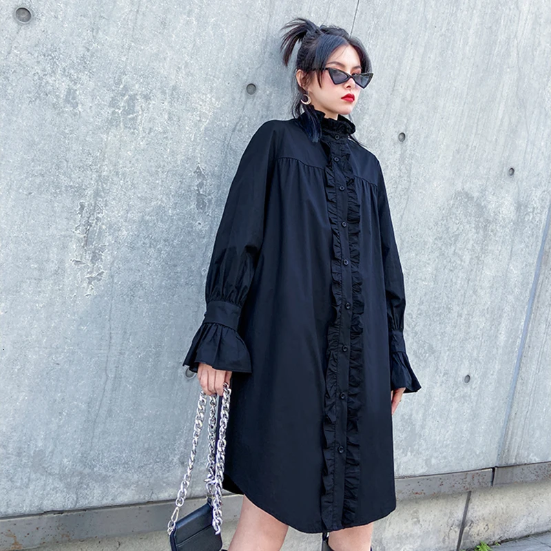  [EAM] Women Black Ruffles Split Big Size Long Blouse New Lapel Long Sleeve Loose Fit Shirt Fashion 