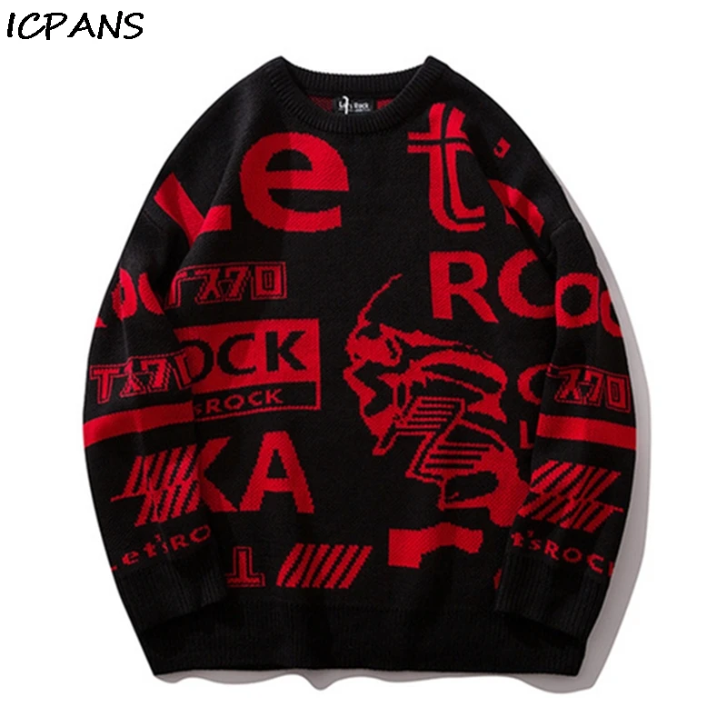 

ICPANS Retro Knitted Pattern Letter Sweater Mens Women Couple Hip Hop Pullover Sweater Streetwear Male 2019 Sweater Cotton