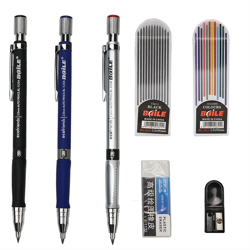 Lápiz mecánico de repuesto grueso 2,0, recargas de 12 colores opcionales, lápiz negro 2B, ala de plomo y papelería de escritura